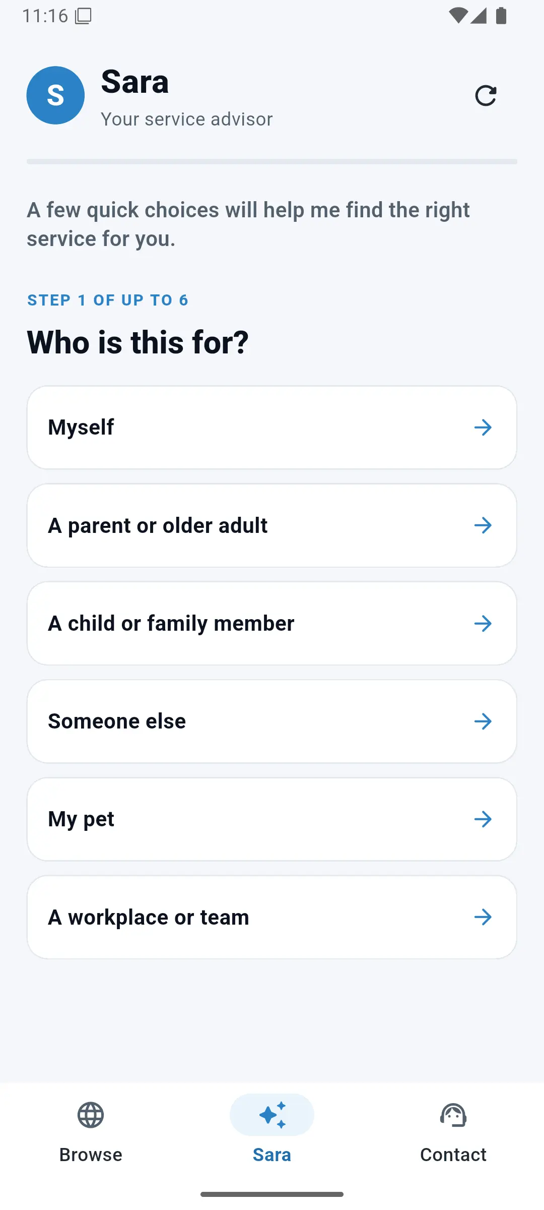 Sara, the MyDocSquad service advisor, shown in the Android app