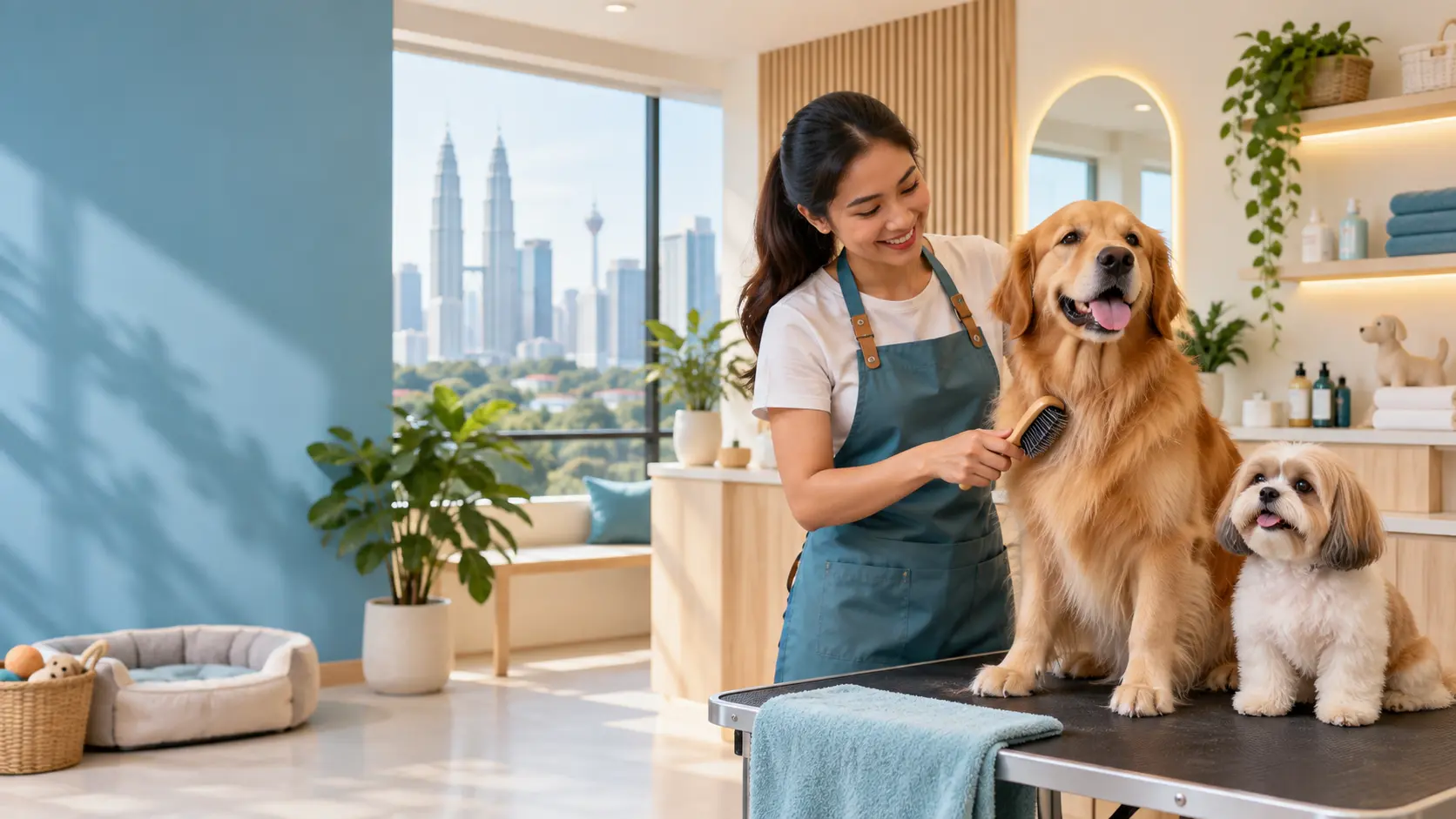 A pet groomer caring for two dogs in a bright pet studio